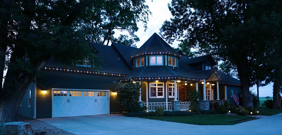 Permanent LED lighting lets this home be noticeable year-round.